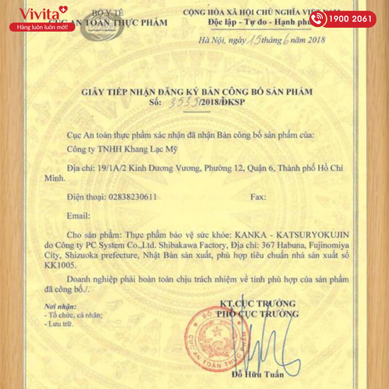 giấy chứng nhận bổ thận kanka