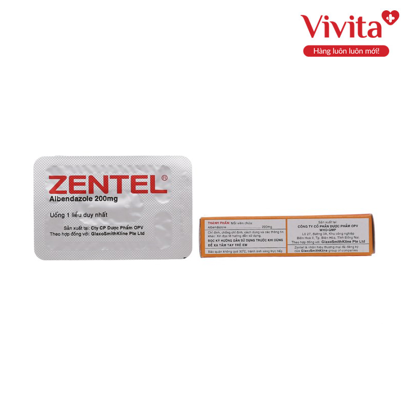 Thuốc trị giun sán Zentel 200mg | Hộp 2 viên