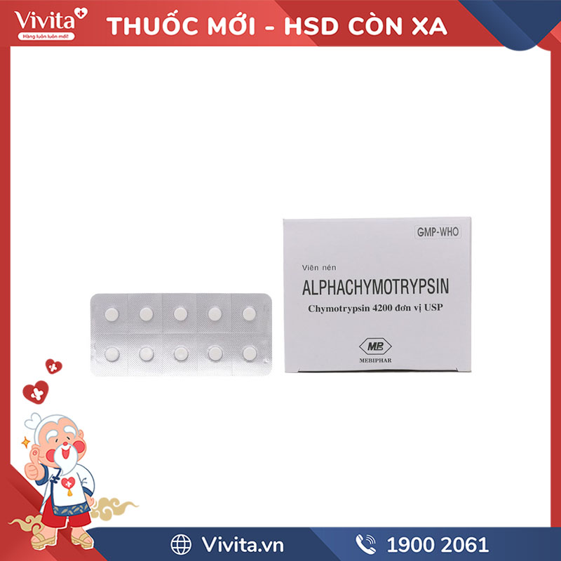 Thuốc kháng viêm chống phù nề Alphachymotrypsin Mebiphar | hộp 200 viên