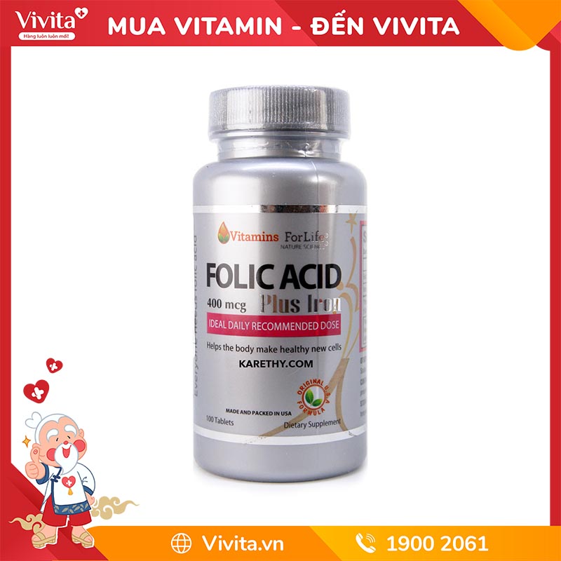 Viên Bổ Thai Folic Acid 400mcg Vitamins For Life (Hộp 100 viên)