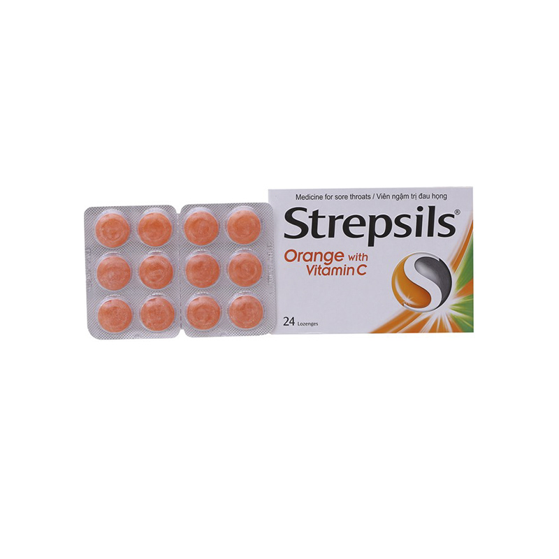 Viên ngậm trị đau họng Strepsils Orange With Vitamin C l Hộp 24 viên