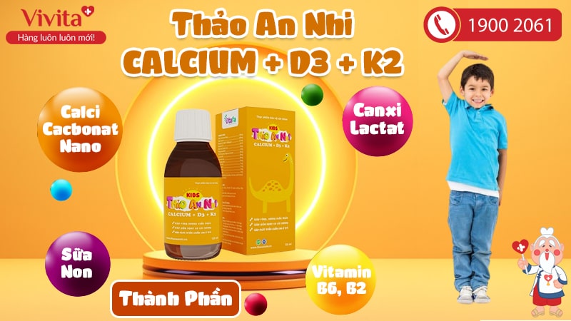 Siro Kids Thảo An Nhi Calcium + D3 + K2 Hỗ Trợ Giúp Xương & Răng Chắc Khỏe | Chai 125ml