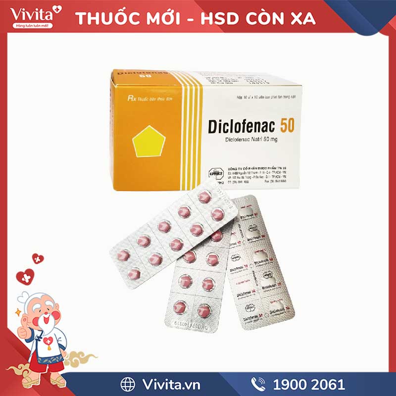 Thuốc giảm đau, kháng viêm Diclofenac Uphace 50mg | Hộp 100 viên