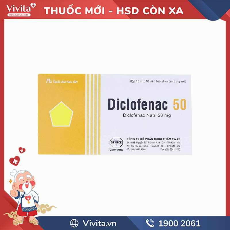 Thuốc giảm đau, kháng viêm Diclofenac Uphace 50mg | Hộp 100 viên