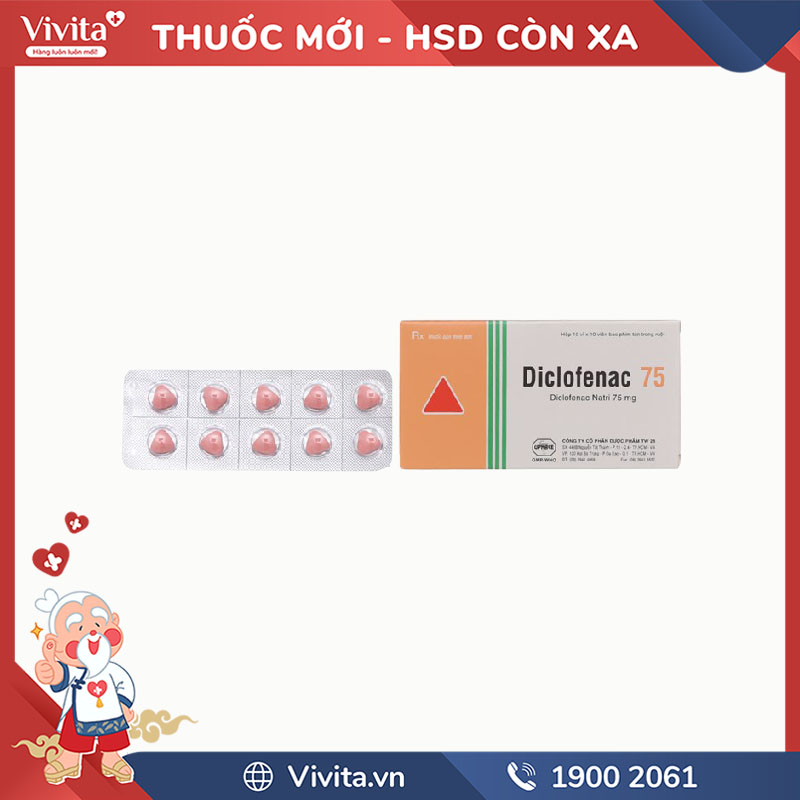 Thuốc giảm đau, kháng viêm Diclofenac Uphace 75mg | Hộp 100 viên