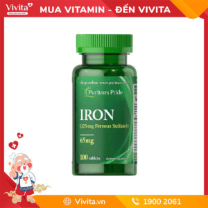 Viên Uống Bổ Sung Sắt Puritan’s Pride Iron Ferrous Sulfate 65mg | Hộp 100 Viên