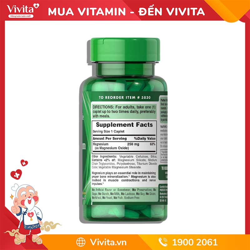 Viên Uống Puritan's Pride Magnesium 250mg Hỗ Trợ Cải Thiện Sức Khỏe Xương Khớp | Hộp 100 Viên