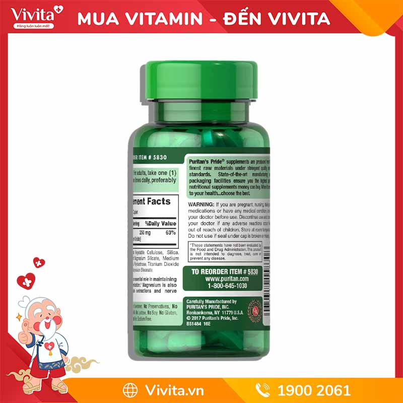 Viên Uống Puritan's Pride Magnesium 250mg Hỗ Trợ Cải Thiện Sức Khỏe Xương Khớp | Hộp 100 Viên