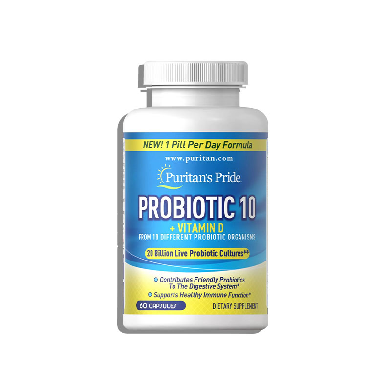 Viên Uống Puritan's Pride Probiotic 10 Vitamin D Hỗ Trợ Tăng Cường Hệ Tiêu Hóa | Hộp 60 Viên
