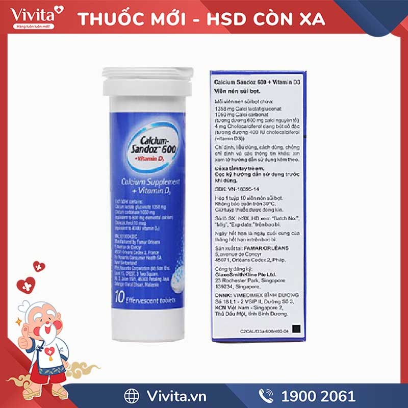 Viên sủi bổ sung Canxi và vitamin D Calcium Sandoz 600 + Vitamin D3 | Tuýp 10 viên
