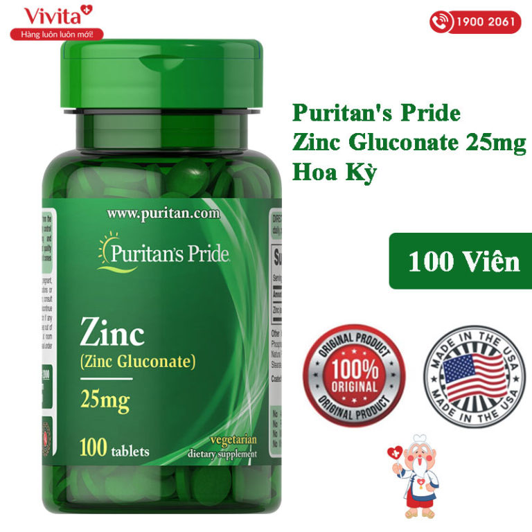 Puritan's Pride Zinc Gluconate Bổ Sung Kẽm [Mới 2024] Hộp 100 Viên