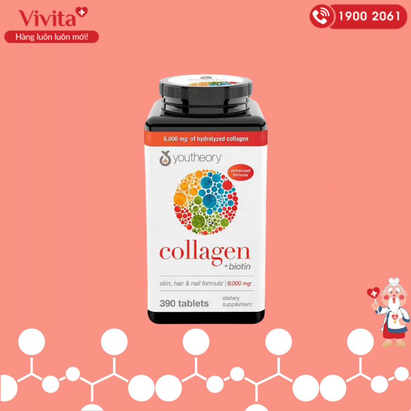 Viên uống Collagen Youtheory có chứa collagen tuýp 1, 2 và 3 dưới dạng protein.