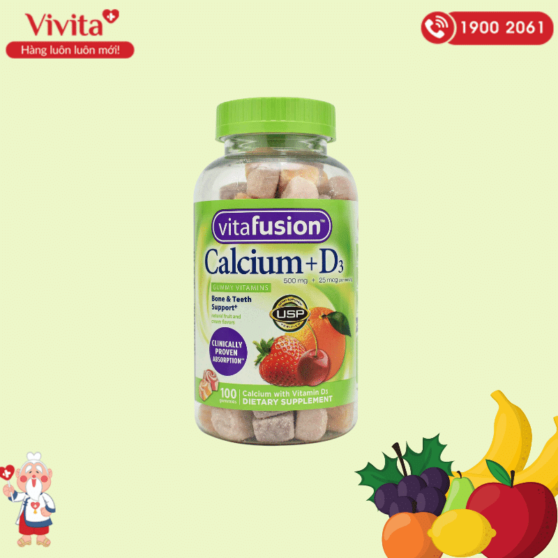 Thành phần chính của kẹo dẻo Vitafusion Calcium + D3 chính là canxi, vitamin D3, đường và phosphorus.