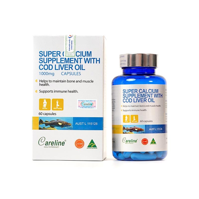 Viên Uống Canxi Bổ Sung Dầu Gan Cá Careline Super Calcium Supplement With Cod Liver Oil 1000mg (Hộp 60 Viên)