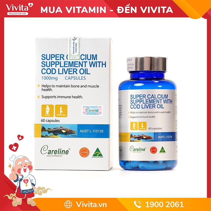 Viên Uống Canxi Bổ Sung Dầu Gan Cá Careline Super Calcium Supplement With Cod Liver Oil 1000mg (Hộp 60 Viên)