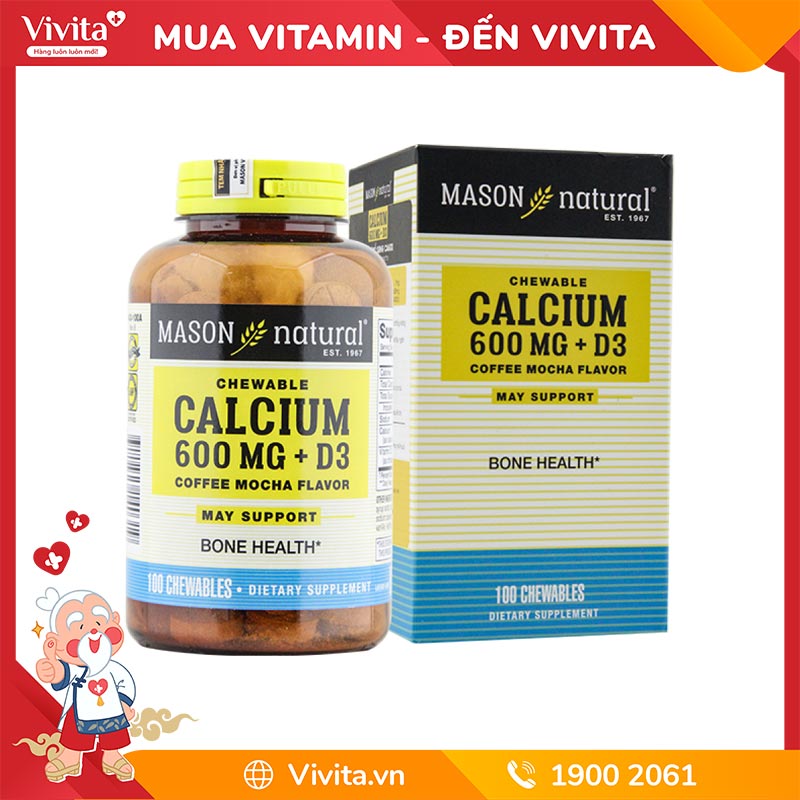 Viên Nhai Mason Natural Calcium 600mg + D3 | Hộp 100 Viên
