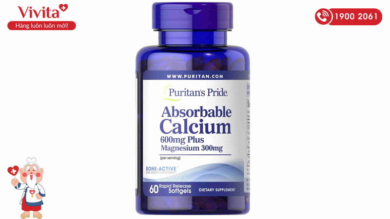 Viên Uống Bổ Sung Canxi Puritan's Pride Absorbable Calcium 600mg Plus Magnesium 300mg (Hộp 60 Viên)