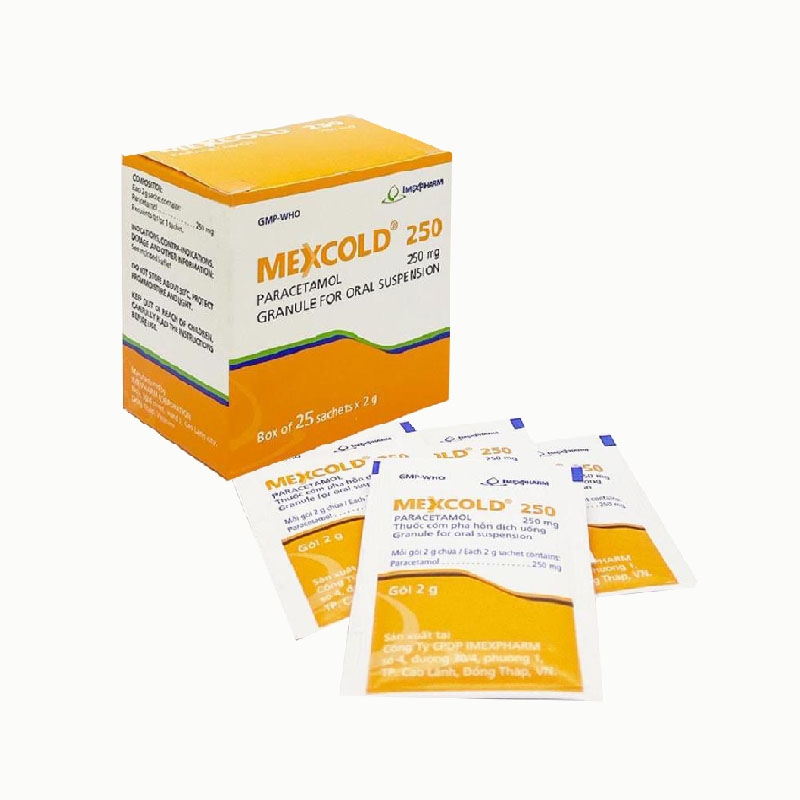 Thuốc giảm đau và hạ sốt Mexcold 250 | Hộp 25 gói