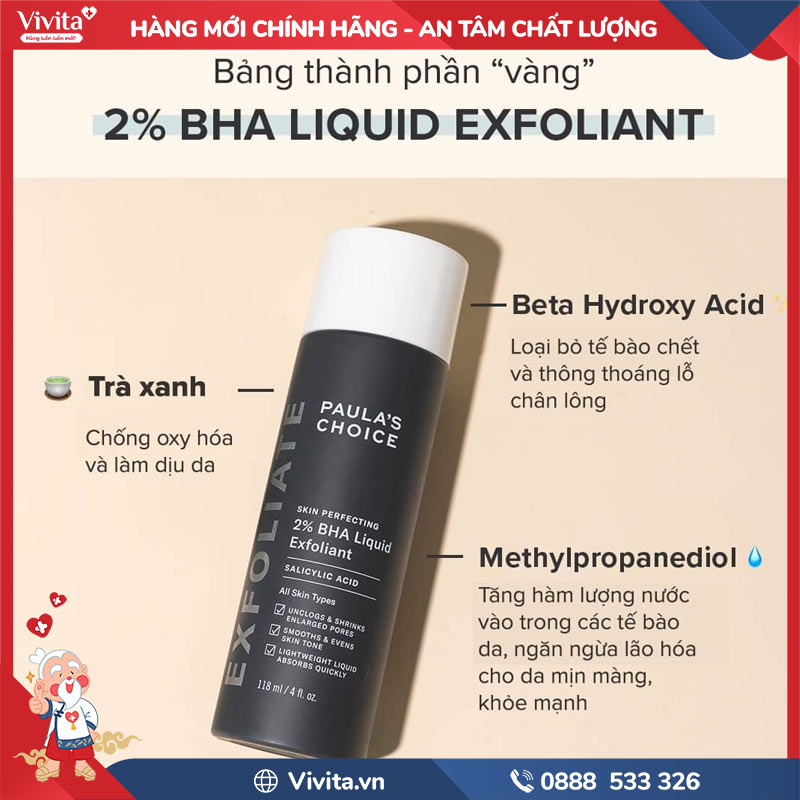 Các thành phần chính của Paula’s Choice Skin Perfecting 2% BHA Liquid