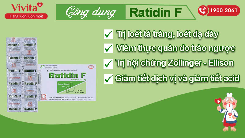 Công dụng (Chỉ định) thuốc trị loét dạ dày, tá tràng Ratidin F 300mg