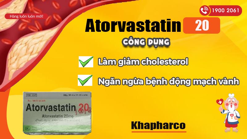 Công dụng (Chỉ định) của thuốc trị mỡ máu Atorvastatin 20mg Khapharco