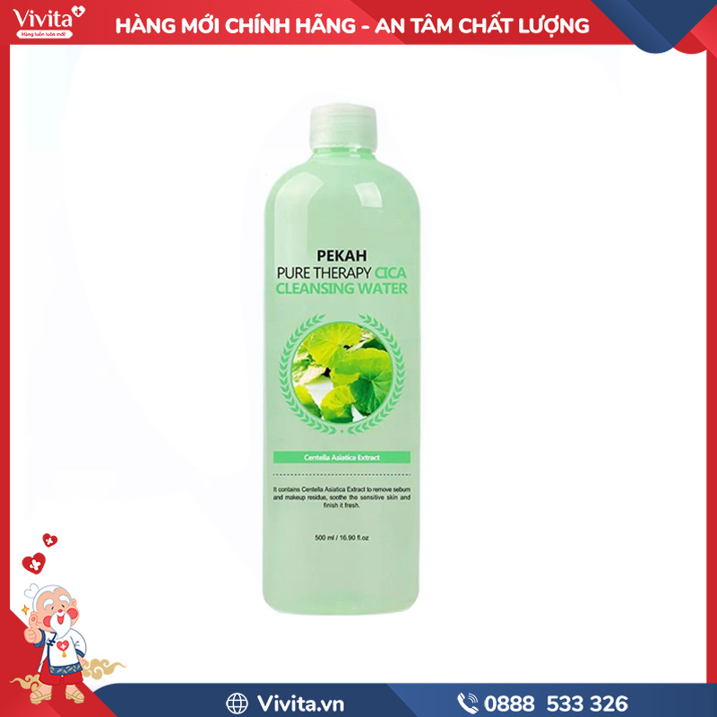 Nước Tẩy Trang Rau Má Pekah Pure Therapy Cica Cleansing Water Dành Cho Da Mụn | Chai 500ml