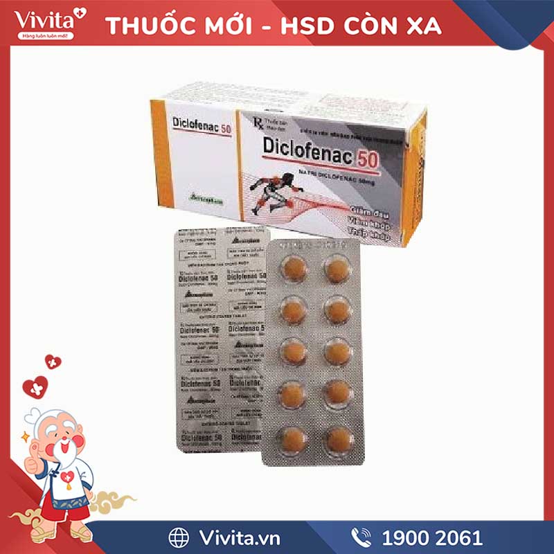 Thuốc giảm đau, kháng viêm Diclofenac 50 Vacopharm | Hộp 50 viên
