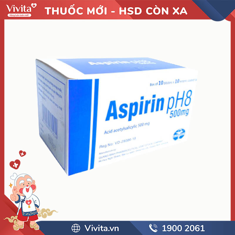 Thuốc chống kết lập tiểu cầu Aspirin pH8 500mg | Hộp 100 viên