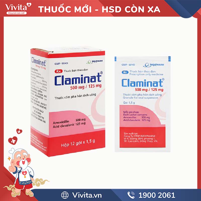 Thuốc kháng sinh trị nhiễm khuẩn Claminat 500mg/125mg | Hộp 12 gói