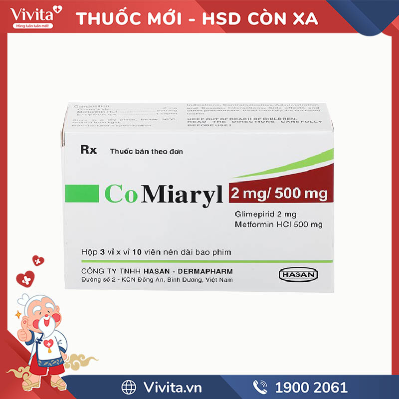Thuốc trị tiểu đường Co Miaryl 2mg/500mg | Hộp 30 viên