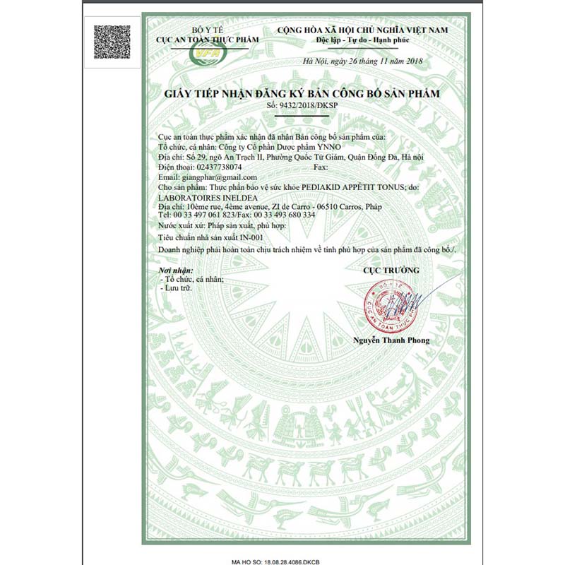 giấy tiếp nhận đăng ký công bố sản phẩm Siro Ăn Ngon Pediakid Appétit