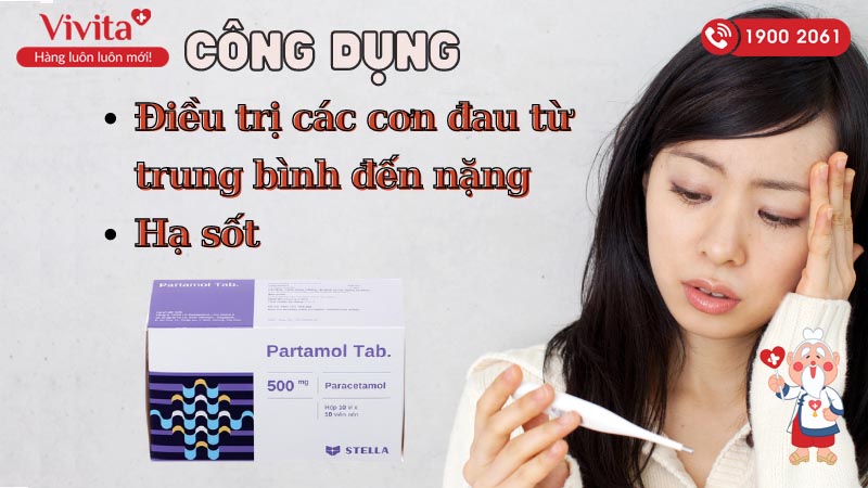 Công dụng (Chỉ định) của thuốc giảm đau, hạ sốt Partamol Tab 500mg