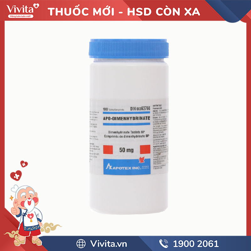 Thuốc chống say tàu xe Apo Dimenhydrinate | Chai 1000 viên