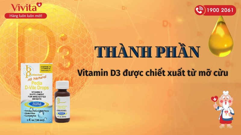 Thành phần của siro bổ sung vitamin D3 cho bé All Natural Pedia D-Vite Drops