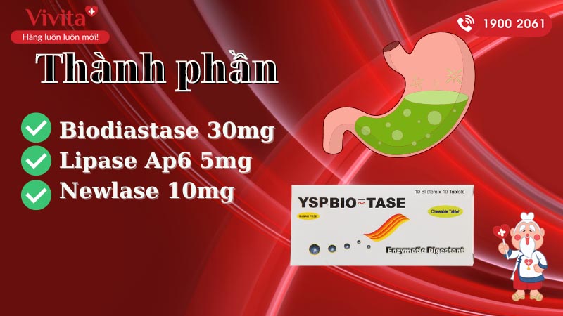 Thành phần của thuốc trị khó tiêu, bội thực, chán ăn Ysp - Biotase