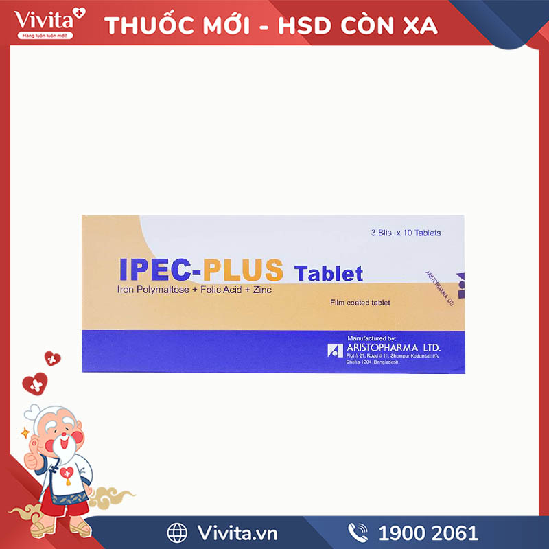 Thuốc trị thiếu sắt, axit folic và kẽm Ipec-plus Tablet | Hộp 30 viên