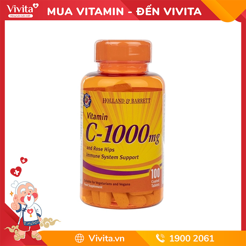 Vitamin C 1000mg Holland Barrett Hỗ Trợ Tăng Đề Kháng, Giảm Sắc Tố Da (Lọ 100 Viên)