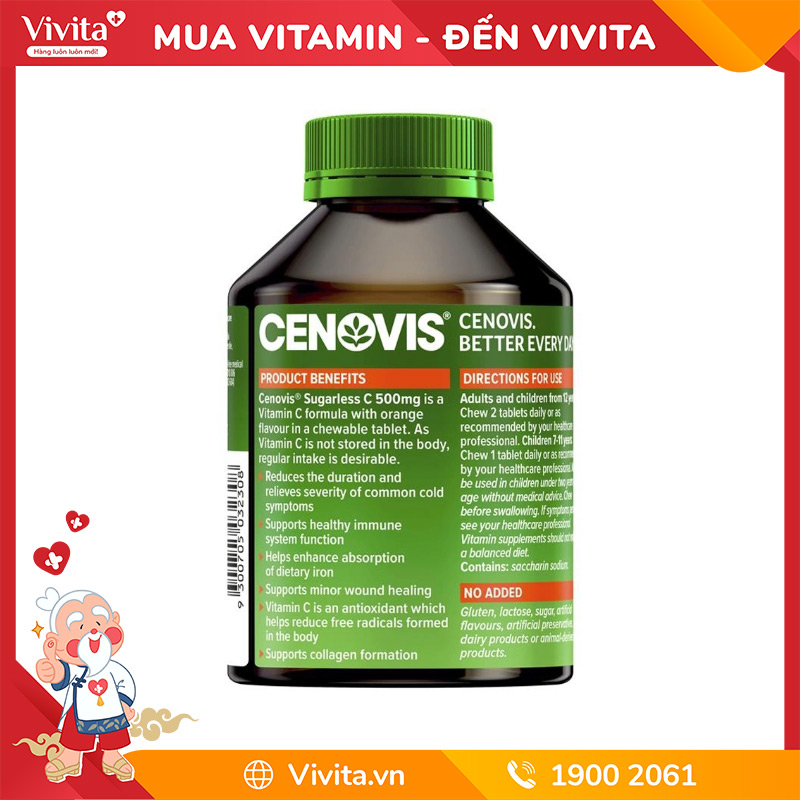 Cenovis Sugarless C 500mg Viên Nhai Vitamin C Không Đường (Hộp 300 Viên)
