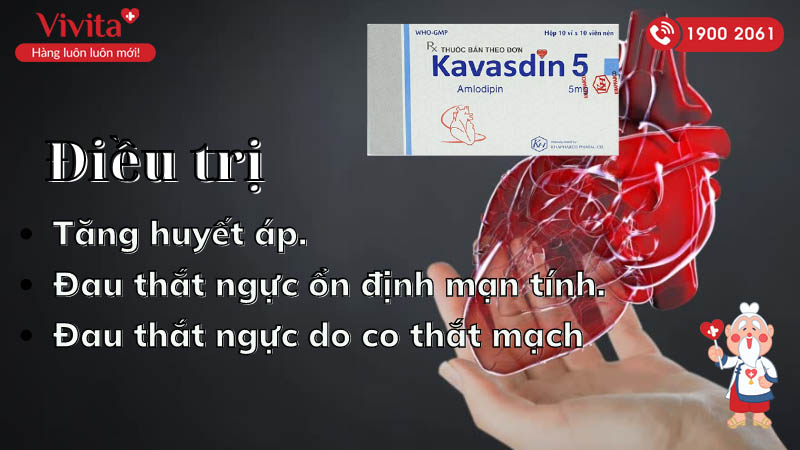 Công dụng (Chỉ định) của thuốc trị tăng huyết áp, đau thắt ngực Kavasdin 5