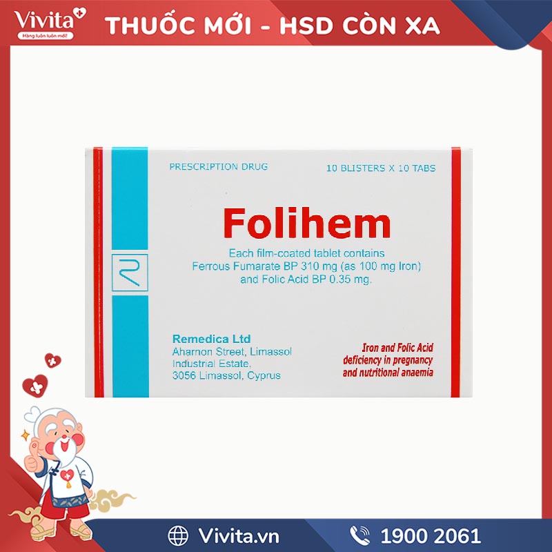 Thuốc bổ sung sắt và axit folic Folihem | Hộp 100 viên