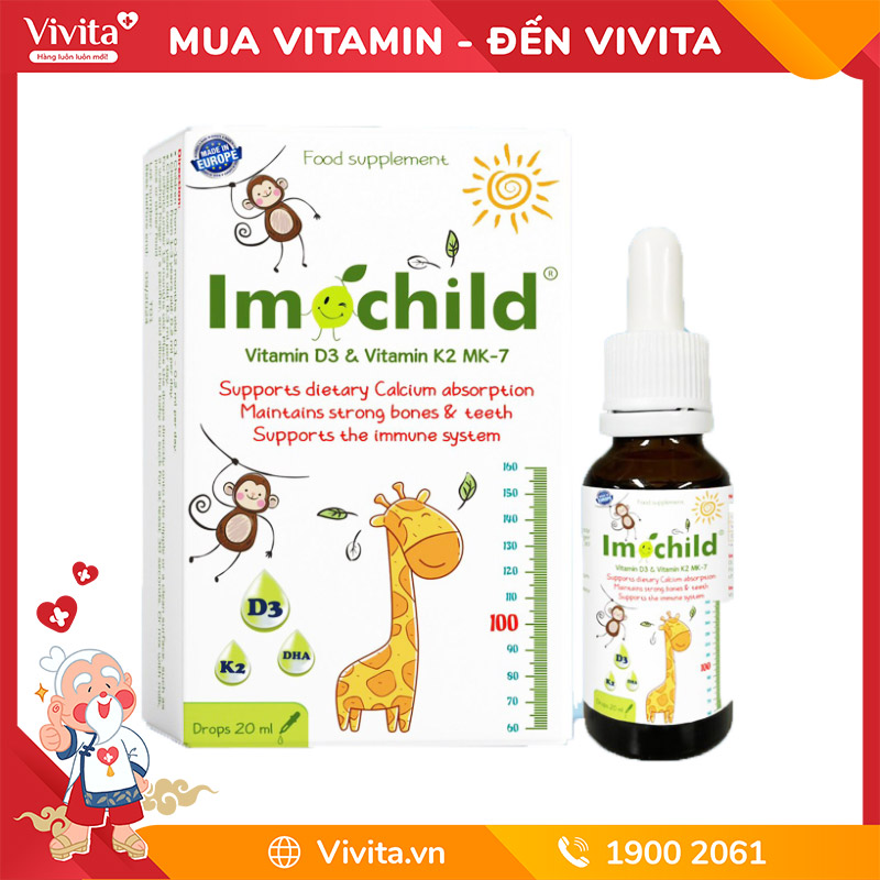Imochild Vitamin D3 & Vitamin K2 MK7 Hỗ Trợ Bé Phát Triển Toàn Diện (Lọ 20ml)