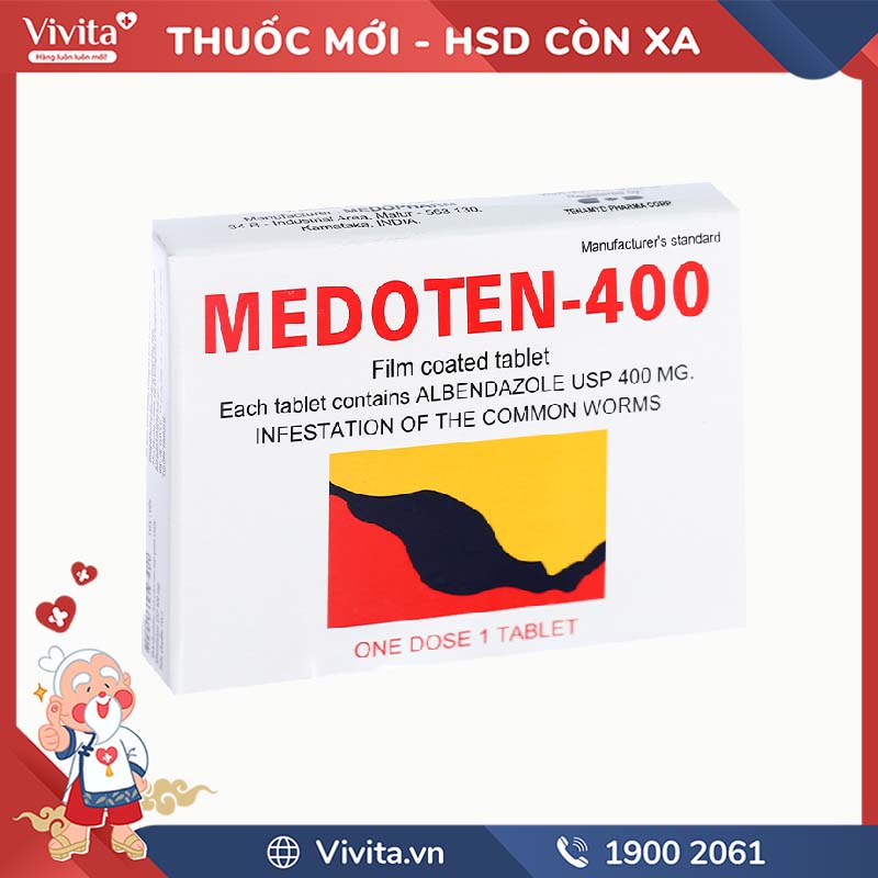 Viên nhai trị giun sán Medoten-400 | Hộp 1 viên