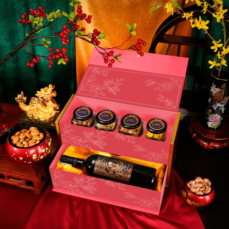 Set quà tết các loại hạt và rượu vang Đào Hồng Khoe Sắc 2 tầng