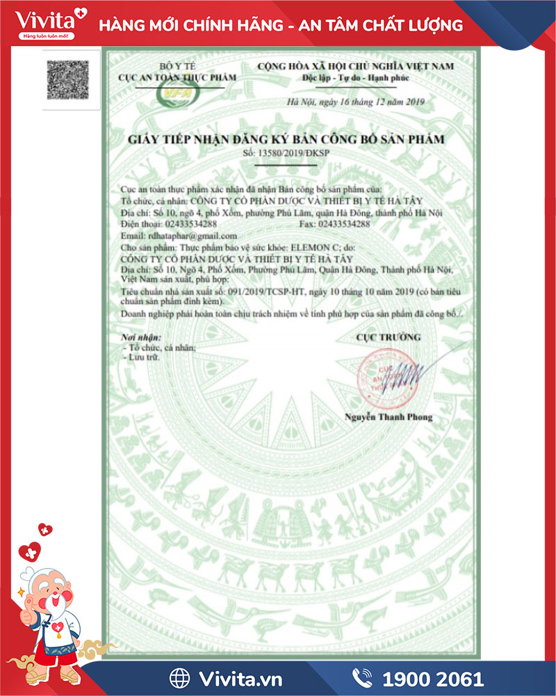 giấy chứng nhận siro elemon c