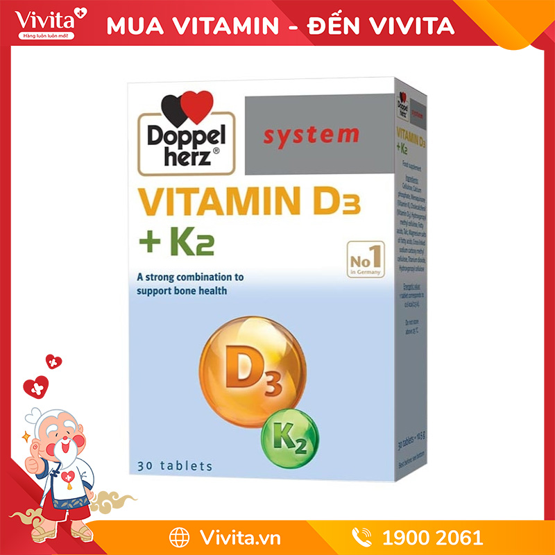 Vitamin D3+K2 Doppelherz Của Đức Hỗ Trợ Hệ Xương, Răng Chắc Khoẻ | Hộp 30 Viên (3 Vỉ x 10 Viên)