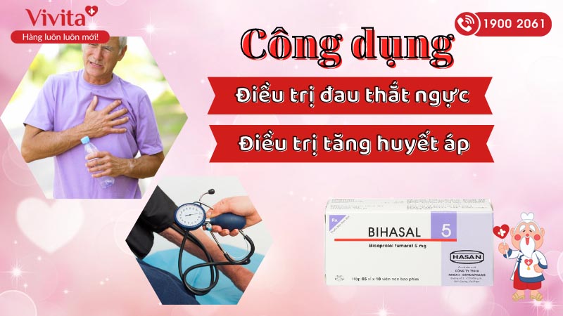 Công dụng (Chỉ định) của thuốc trị tăng huyết áp, đau thắt ngực Bihasal 5