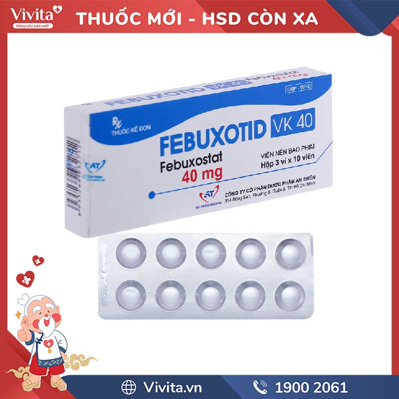 Thuốc trị gout, tăng acid uric huyết Febuxotid VK 40 | Hộp 30 viên