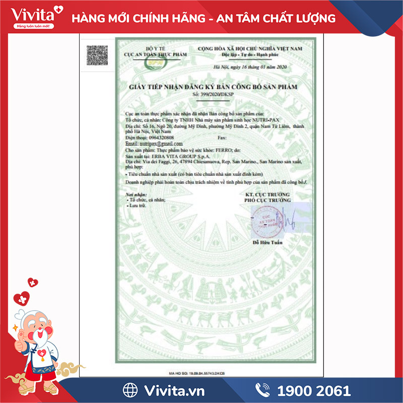 giấy chứng nhận erba vita ferro