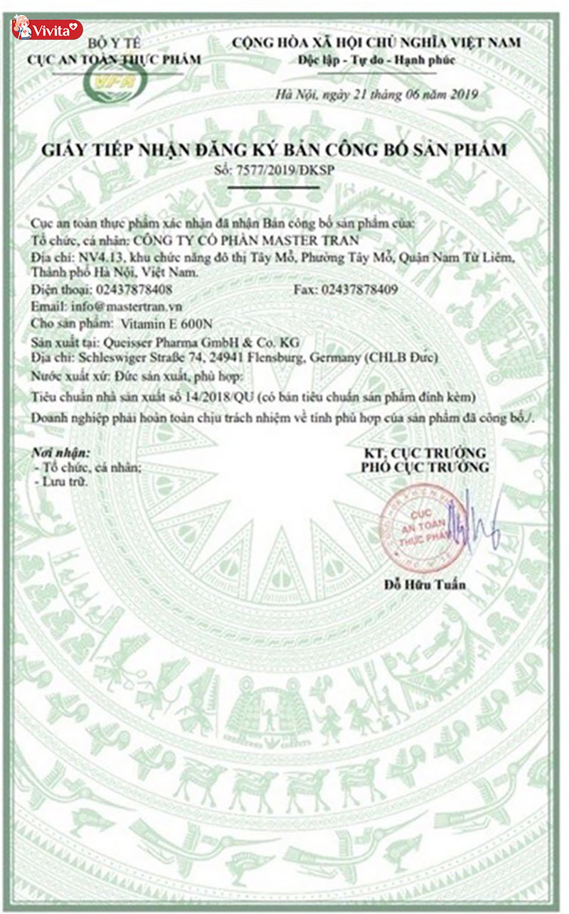 giấy chứng nhận Doppelherz Aktiv Vitamin E 600N của Đức