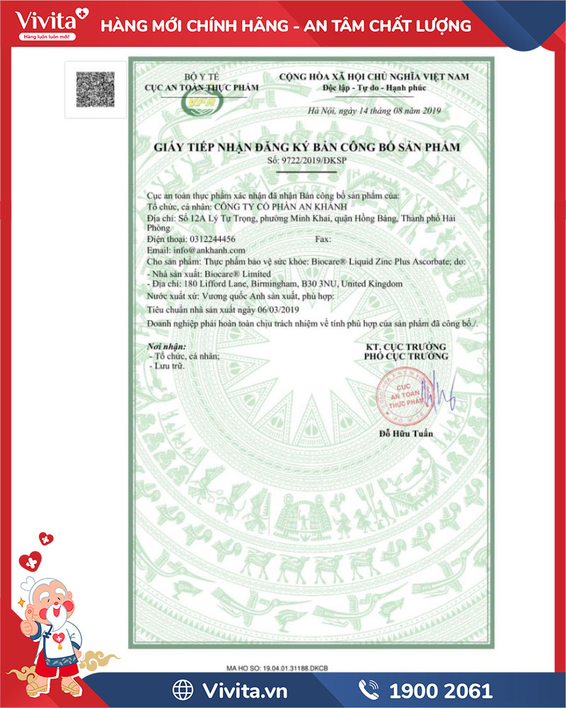 giấy chứng nhận biocare nutrisorb zinc